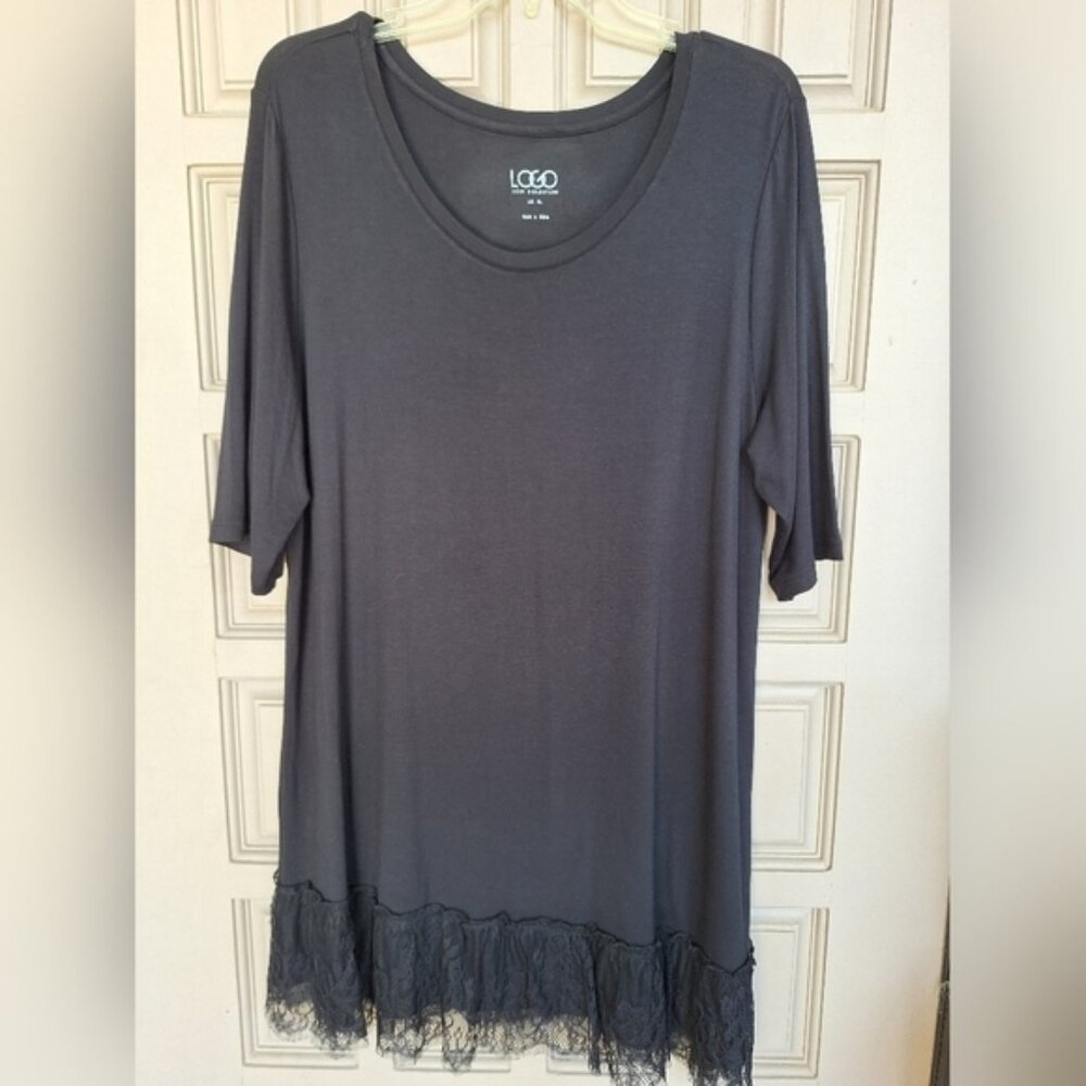 LOGO by Lori Goldstein Dress Knee Length Lace Hem Black SzXL Knit Flawless